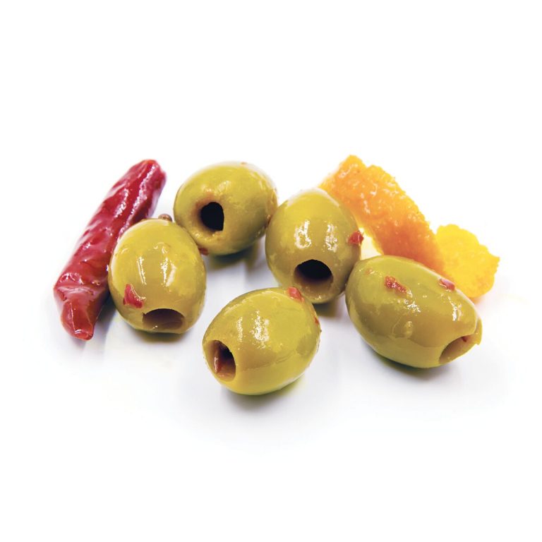 Tangerine &amp; Chili Marinated Green Olives, Pitted